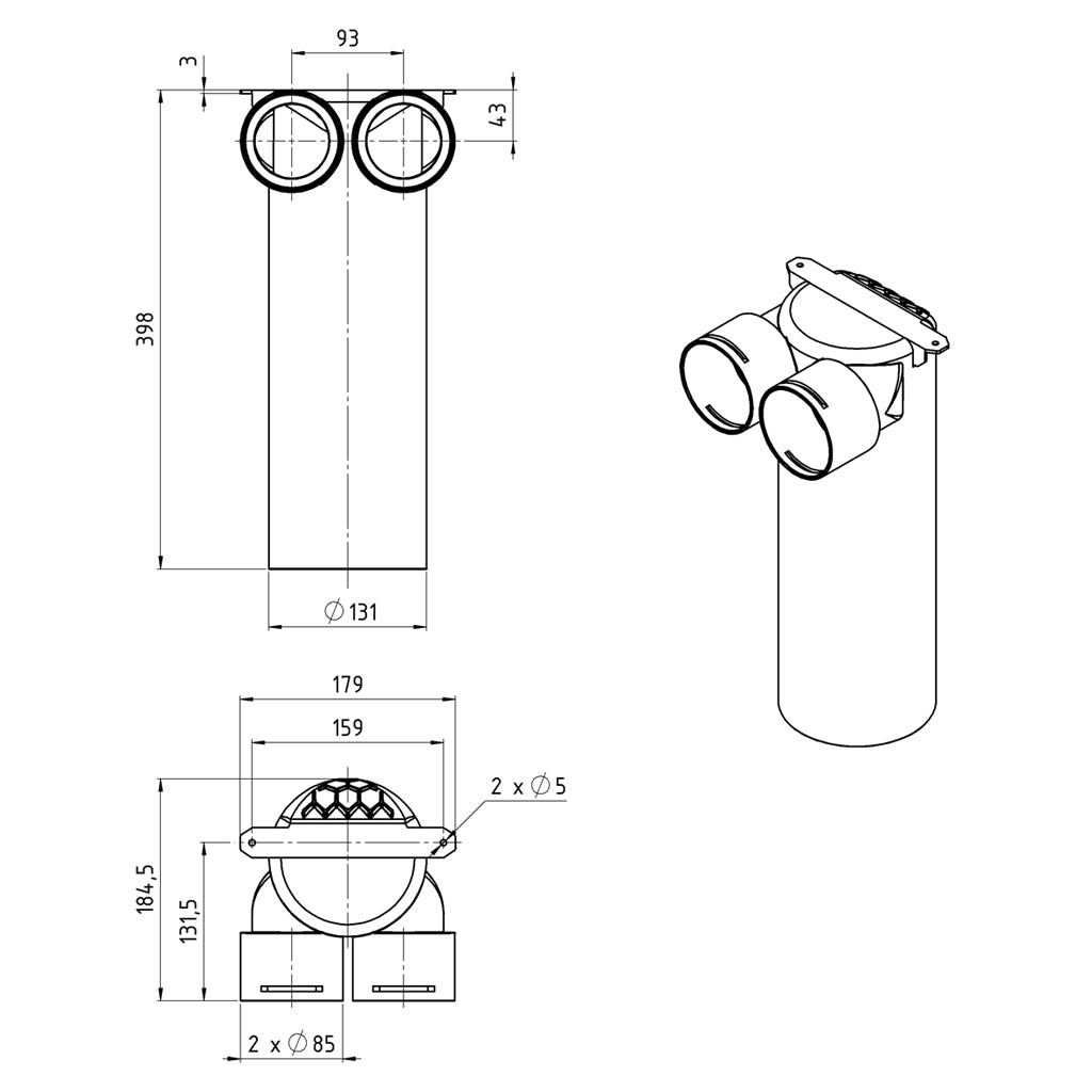 Cutie plenum MAX-VENT racord Ø125 detalii tehnice 2 duze