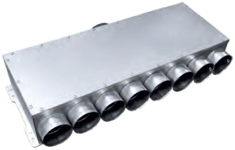 Distribuitor unghiular simplu, tip trecere, cu 8 ieșiri Ø75 mm și racord principal Ø160 mm, seria SOL-FLEX