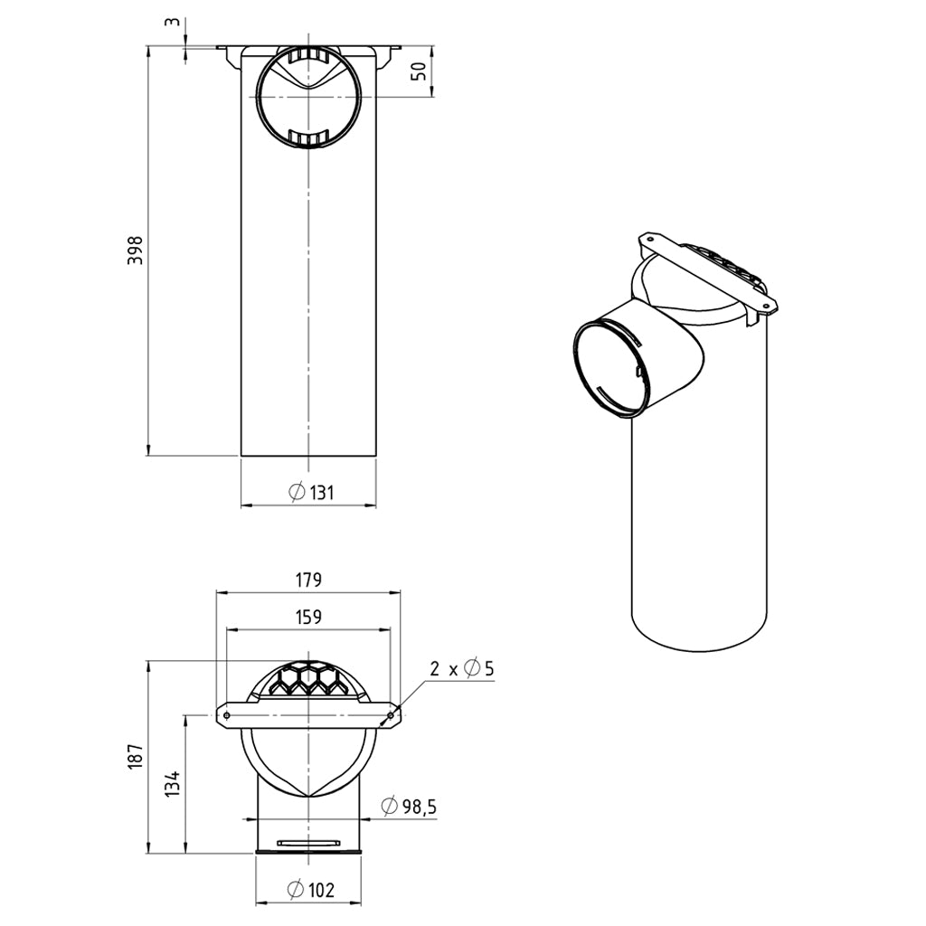 Cutie plenum MAX-VENT racord Ø125 detali i tehnice vedere lateral, de sus
